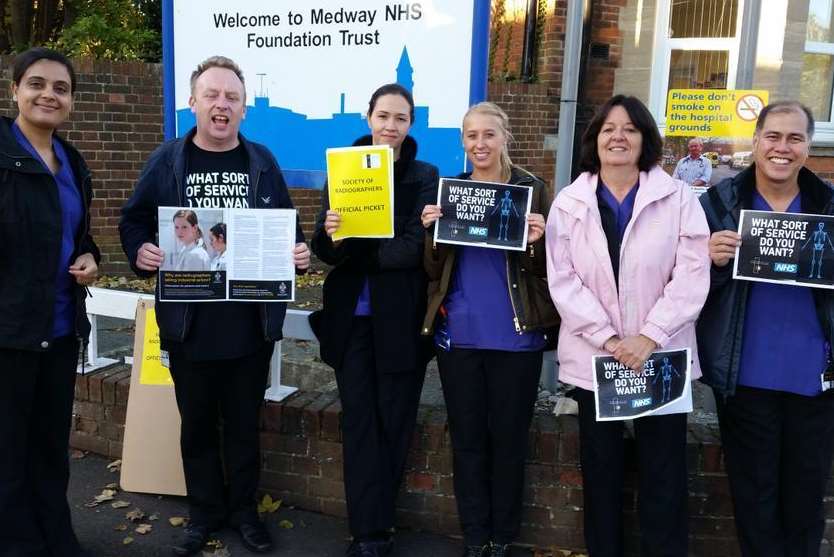 Radiographers outside Medway Maritime Hospital this morning. Picture: @michelledruce on Twitter.