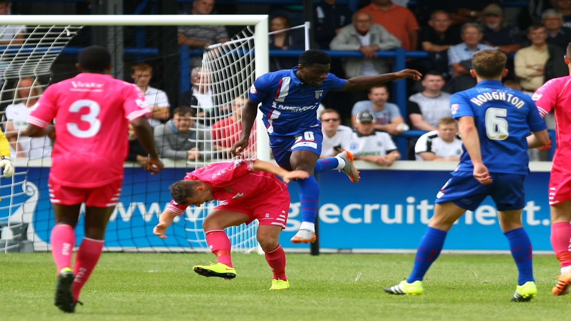 Gillingham's new signing Adedeji Oshilaja in action against Dover Picture: Matt Bristow