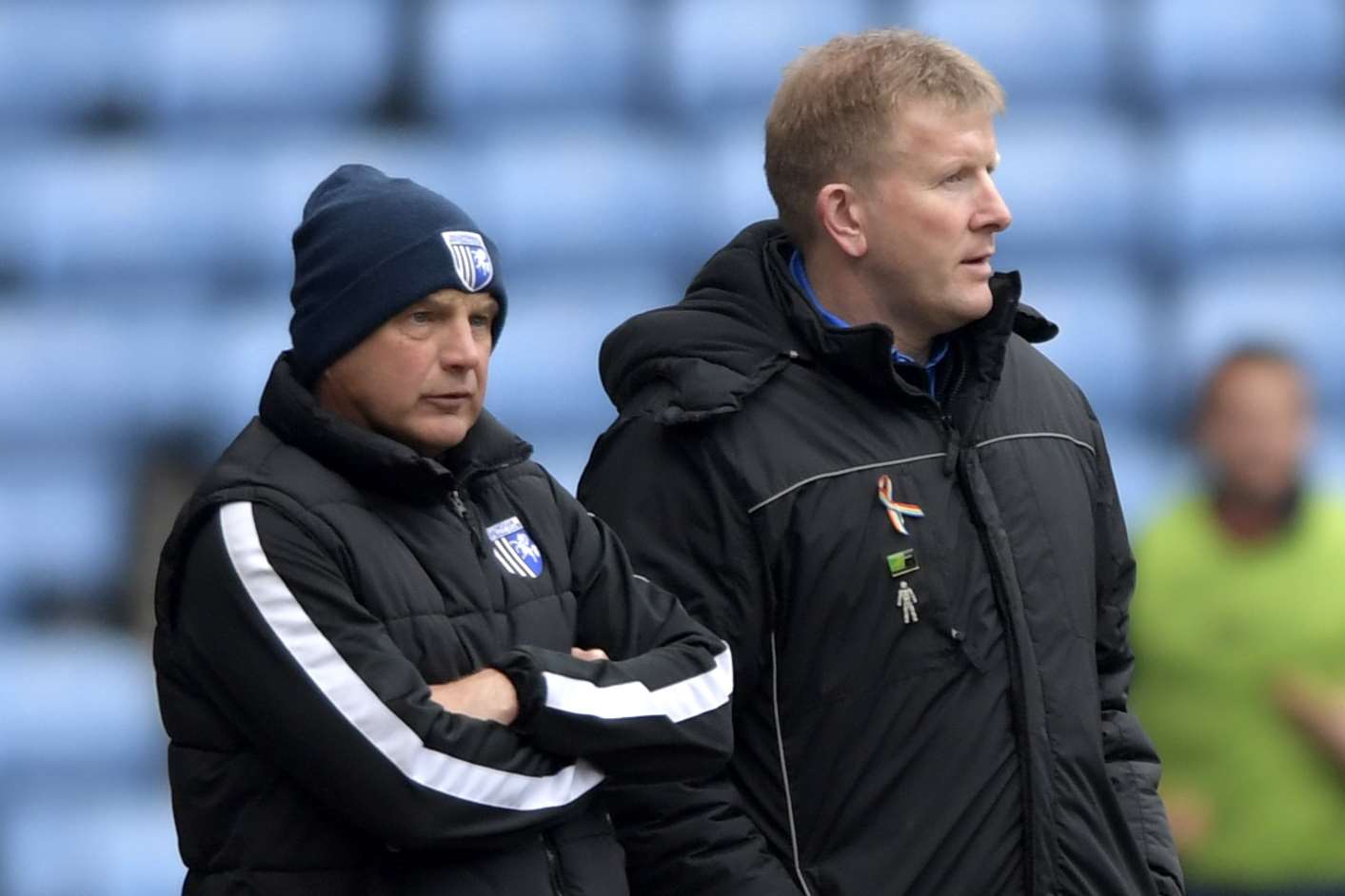 Gills boss Ady Pennock, right, with coach Steve Lovell at Coventry on Saturday Picture: Barry Goodwin