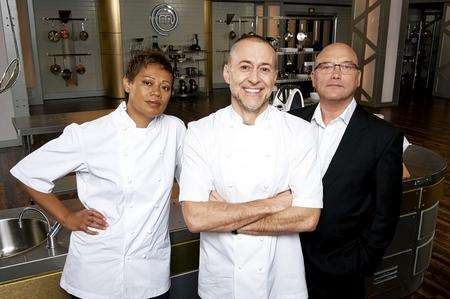 Gregg Wallace, right, with Monica Galetti and Michel Roux Jr on MasterChef: The Professionals. Picture: PA Photo/BBC/Shine TV.