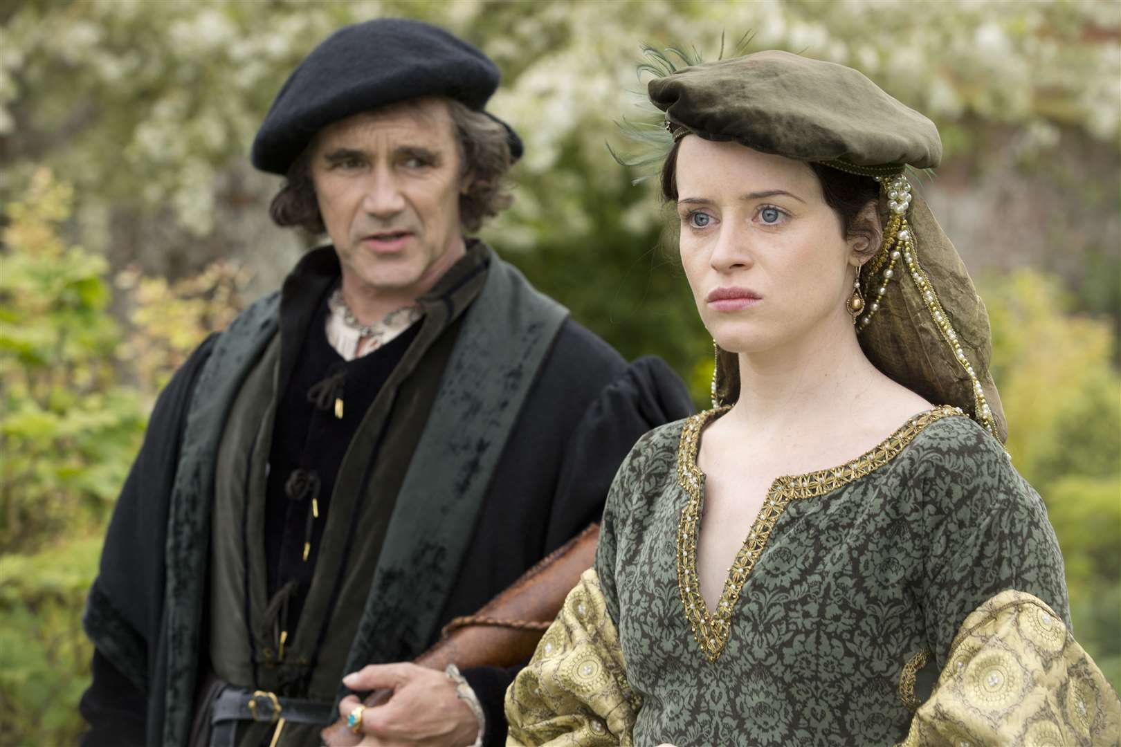 Mark Rylance as Thomas Cromwell with Claire Foy as Anne Boleyn in Wolf Hall, filmed at Penshurst Place