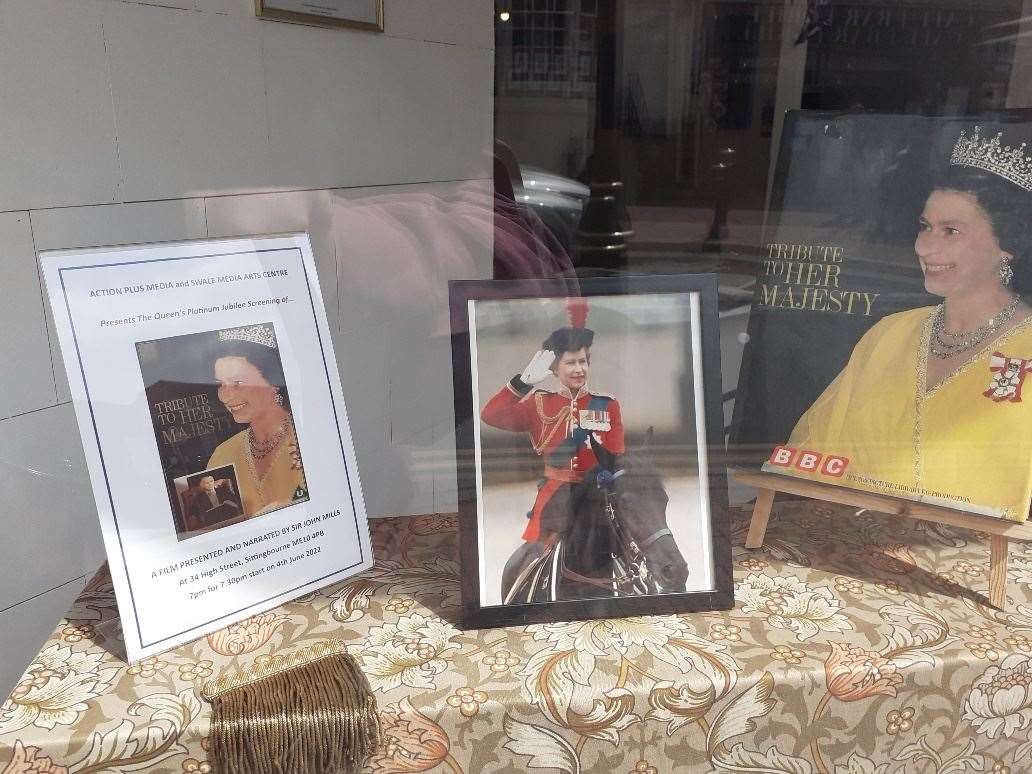 Patriotic display in the window of the Swale Media Arts Centre in Sittingbourne High Street ready for the Queen's Platinum Jubilee
