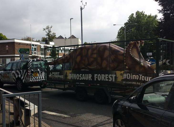 The triceratops being transported through Canterbury on Sunday.