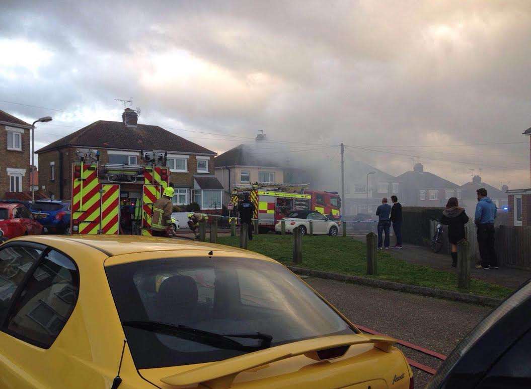Four fire appliances are in Forelands Square where a kitchen fire has torn through a two-storey house