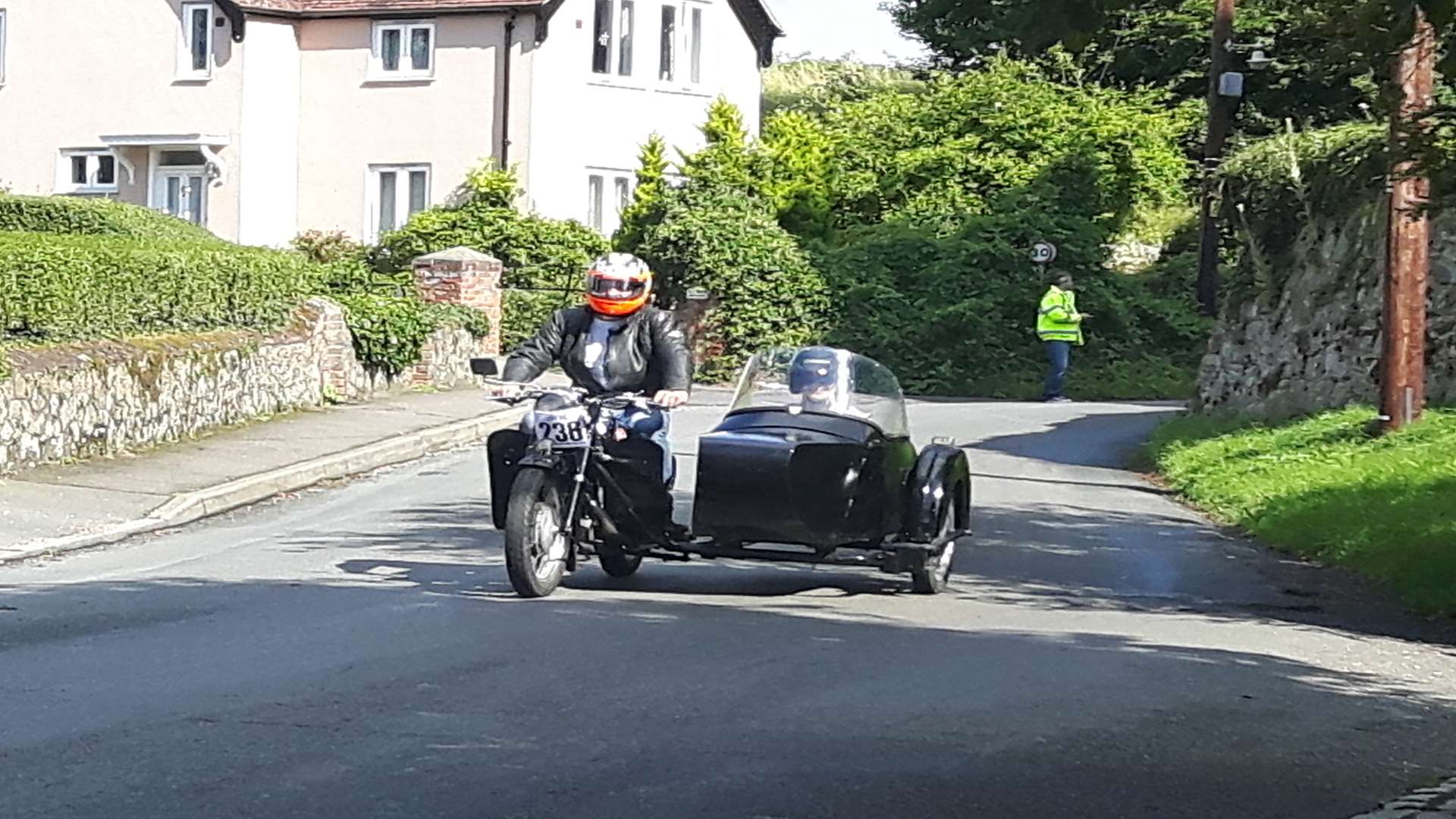 A motorbike and sidecar spotted heading through Birling at this year's International West Kent Run