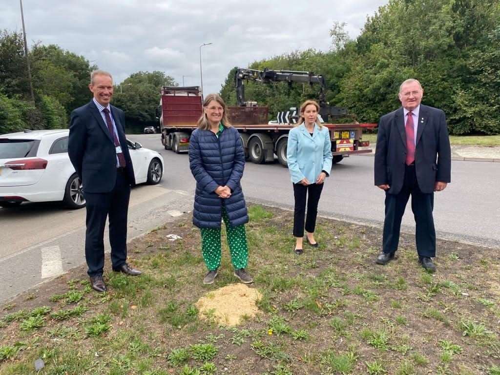 Natalie Elphicke with Transport Minister Rachel Maclean at the A2 Whitfiled roundabout. With them are Dover District Council leader Trevor Bartlett and ward councillor Nigel Collor. Picture: the Office of Natalie Elphicke MP