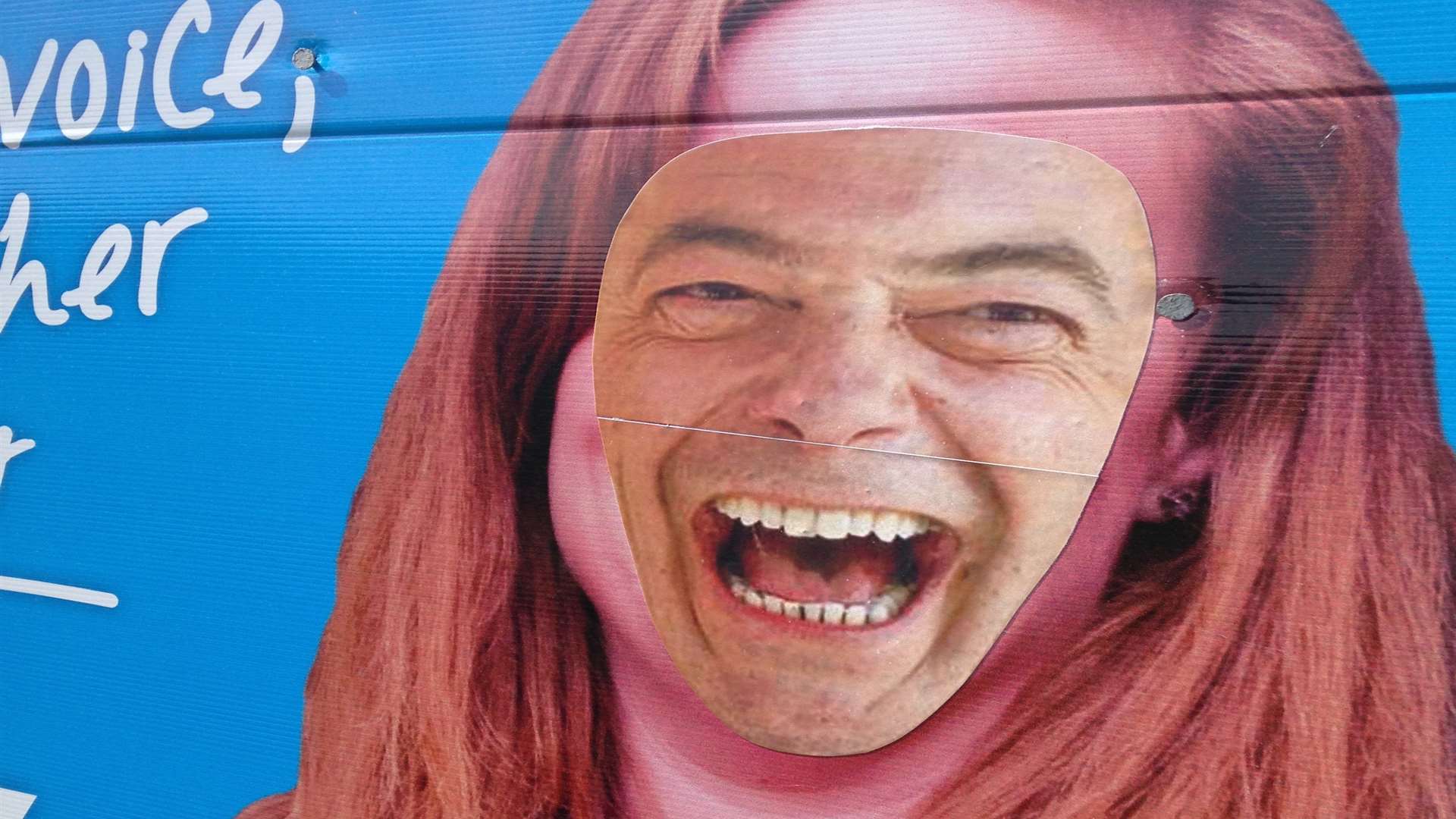Nigel Farage's face has been put on top of Kelly Tolhurst's election sign.