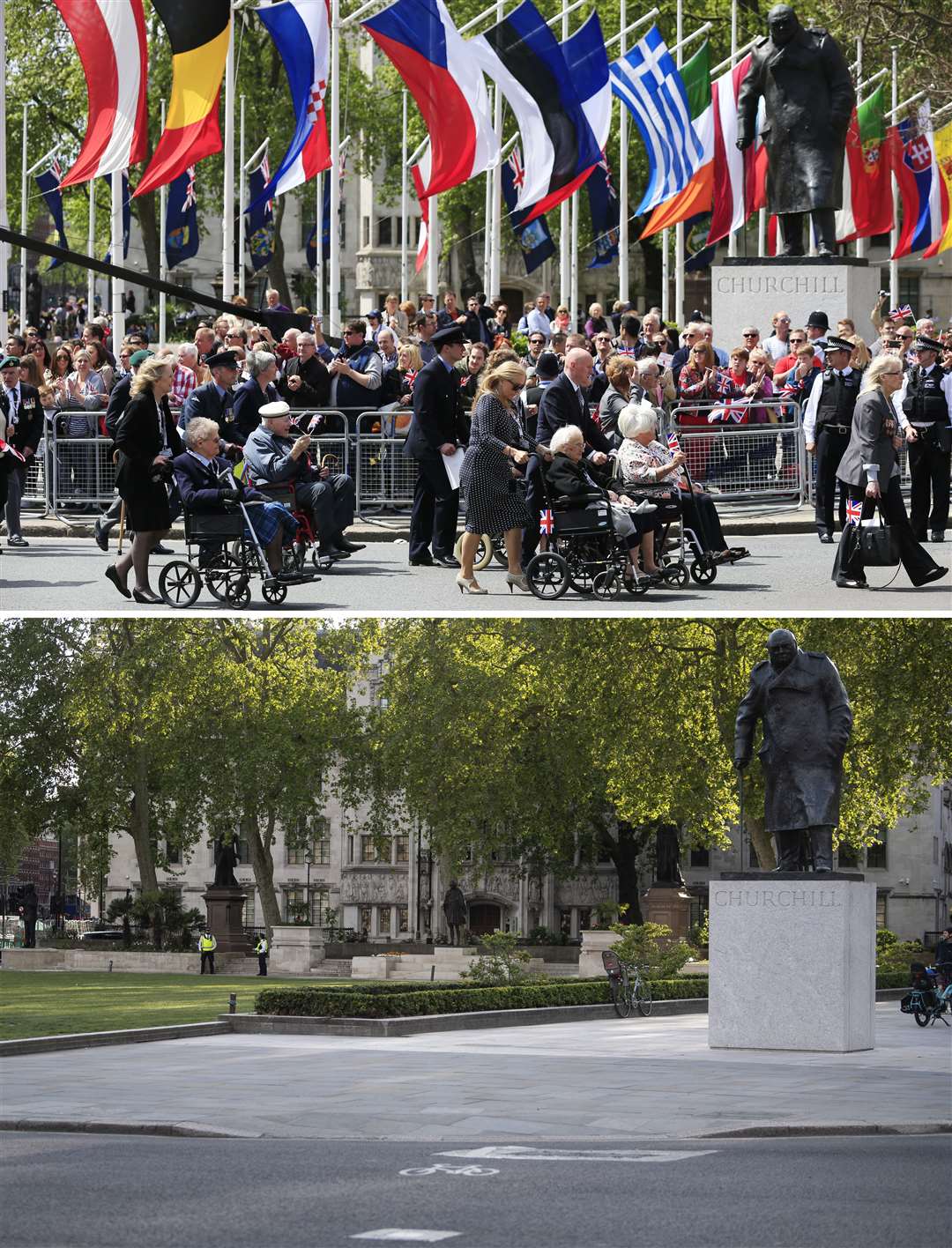 Veterans pass the statue of Sir Winston Churchill in 2015, and the scene today (PA)