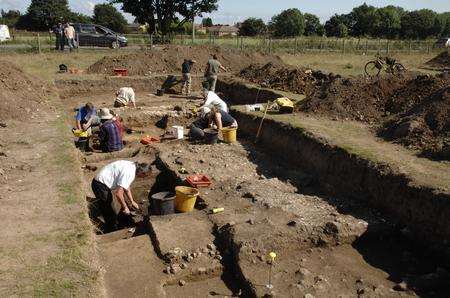 Archaeologists at work on the Roman site at Ospringe, Faversham.