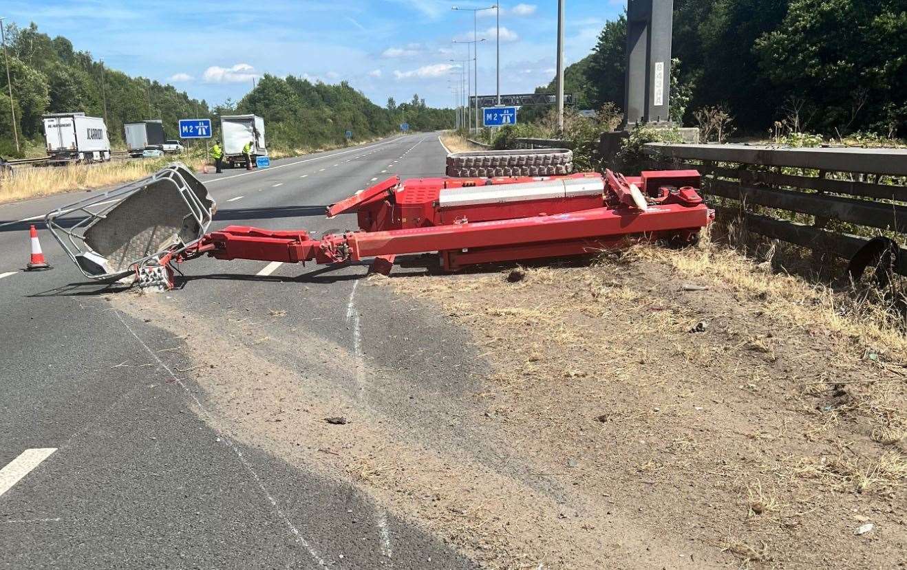 The M2 crash near Gillingham involved a trailer carrying a cherry picker. Picture: National Highways