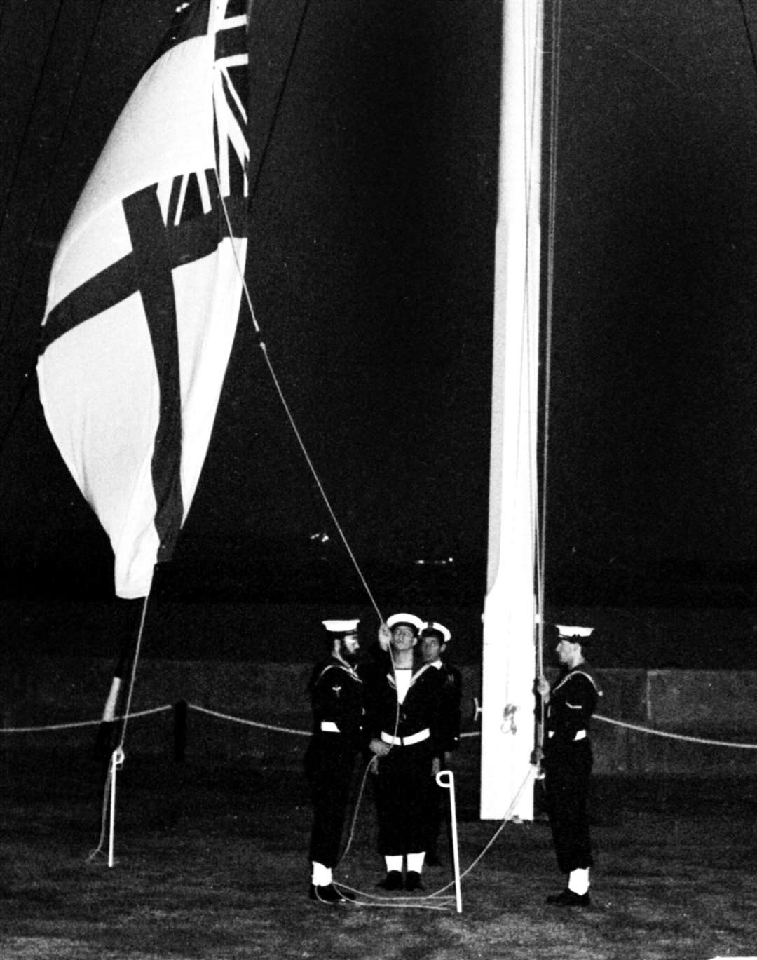 The flag comes down on 400 years of history....The flag at Chatham Dock Yard is lowered for the last time on October 3 1983 when the admiral left the Dockyard