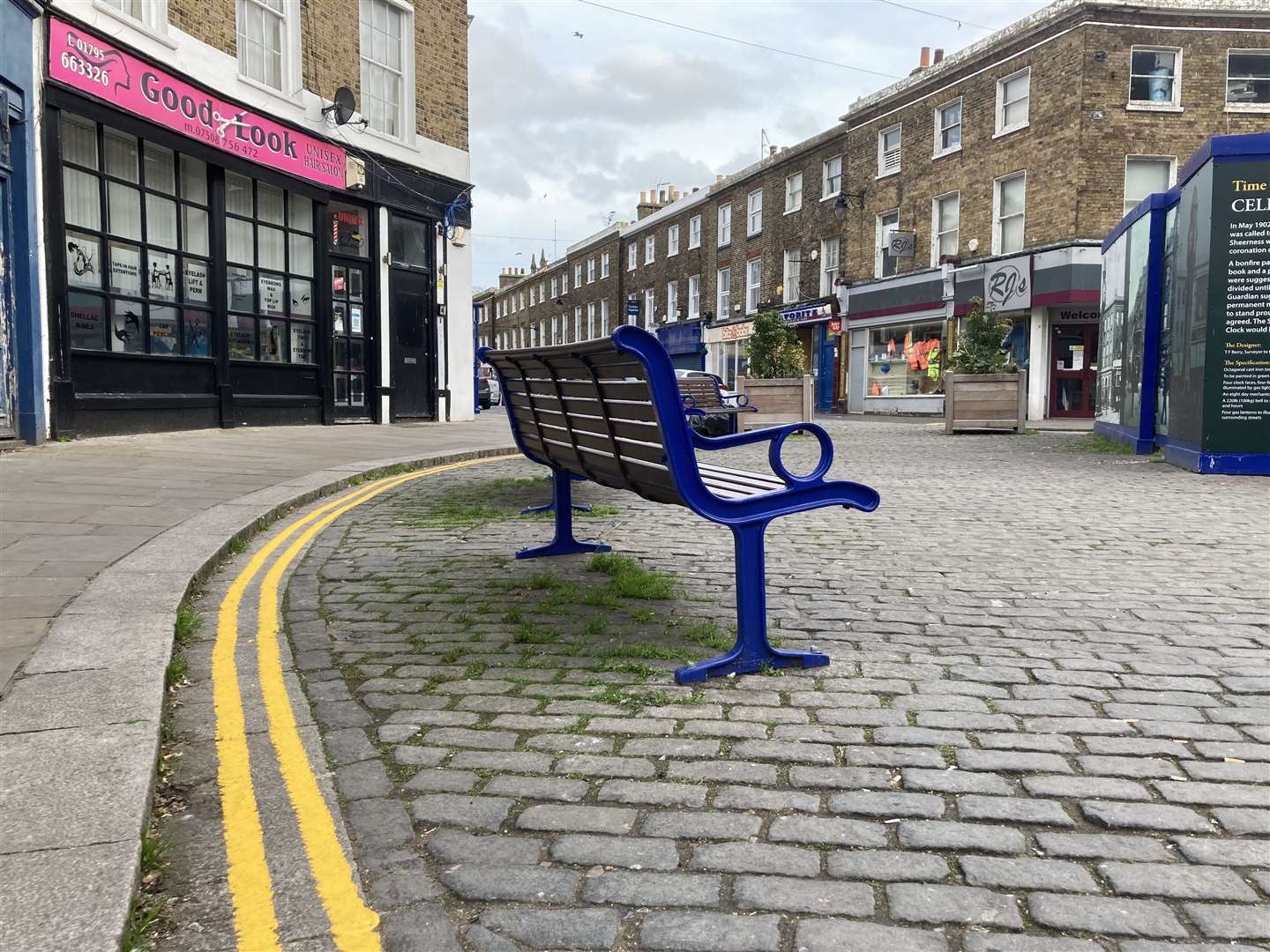 Double yellow lines painted around benches in the pedestrianised area of Sheerness