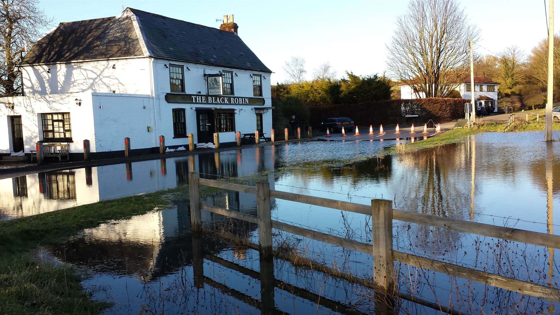 The flood water at Kingston which has closed the Valley Road