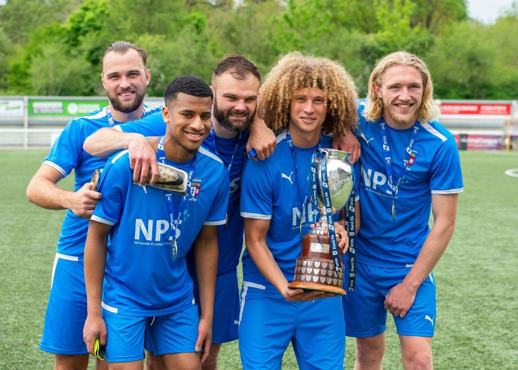 From left: Luke Burdon, Mamadou Diallo, Gary Lockyer, Jarred Trespaderne and Charlie Dickens celebrate DFDS Kent Sunday Premier Cup glory. Picture: Ian Scammell