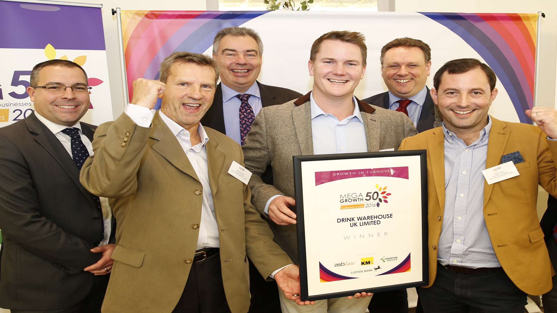 Drinks Warehouse UK took top spot at MegaGrowth 50 2016, from left, Peter Milcoy of Lloyds Bank, Mike Clark of Drink Warehouse, Andrew Griggs of Kreston Reeves, Demis Farley of Drink Warehouse, Richard Elliot of KM Group and Mick Curtis of Drink Warehouse