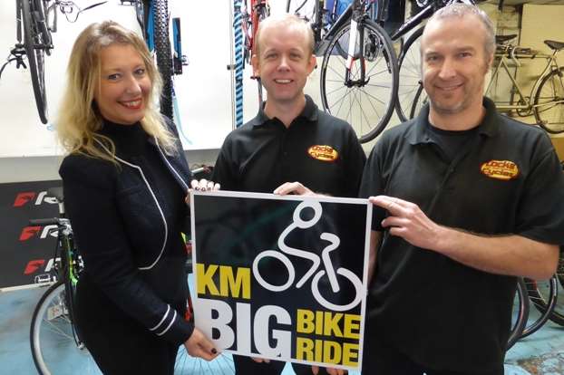 Lisa Craig of the KM Charity Team with Martin Hayes and Andy Croucher of Locks of Sandwich Cycles, which is the official 100K cycling event partner of the KM Big Bike Ride 2016.