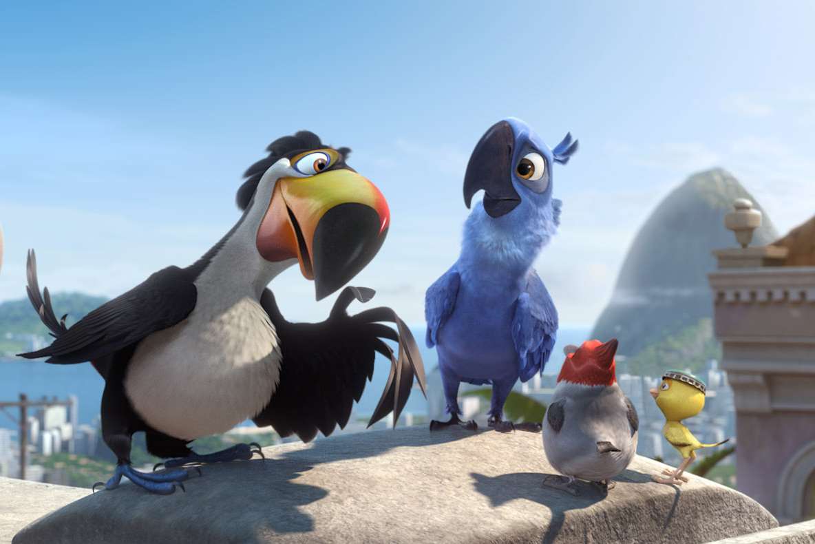 Rio 2 voices, with Rafael (George Lopez), Blu (Jessie Eisenberg), Pedro (Will.I.Am) and Nico (Jamie Foxx). Picture: PA Photo/Fox UK