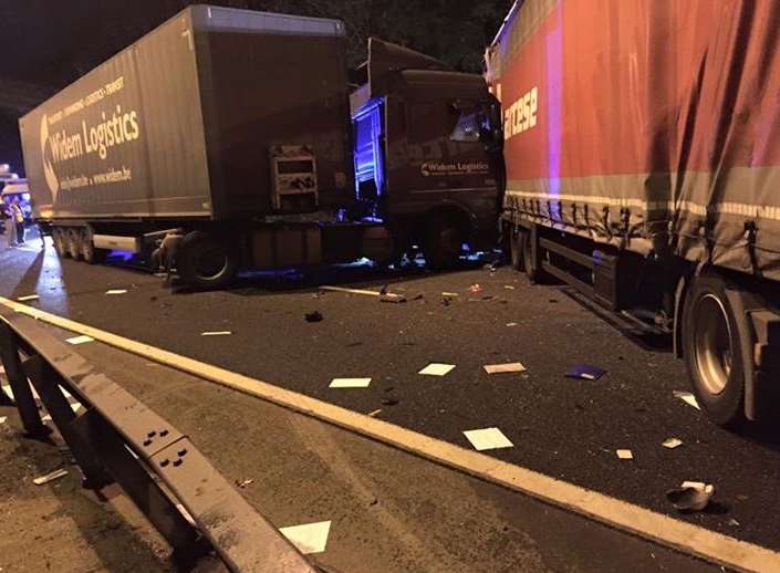 Three lorries collided on the London-bound carriageway of the M20 last night. Picture: Andy Arnott via Kent_999s
