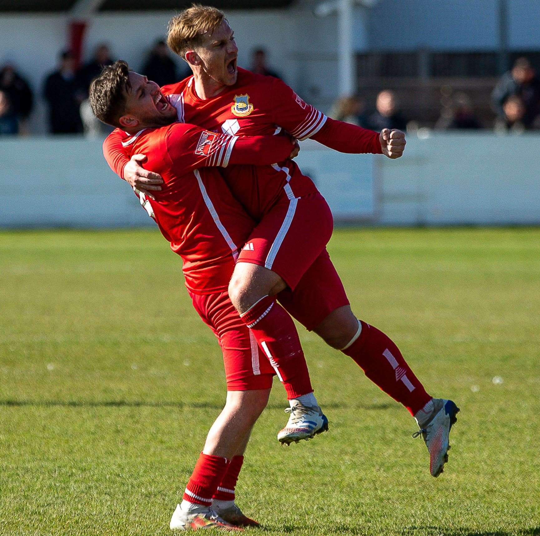 Danny Walder celebrates with George Monger after scoring with a free-kick on Saturday. Picture: Les Biggs