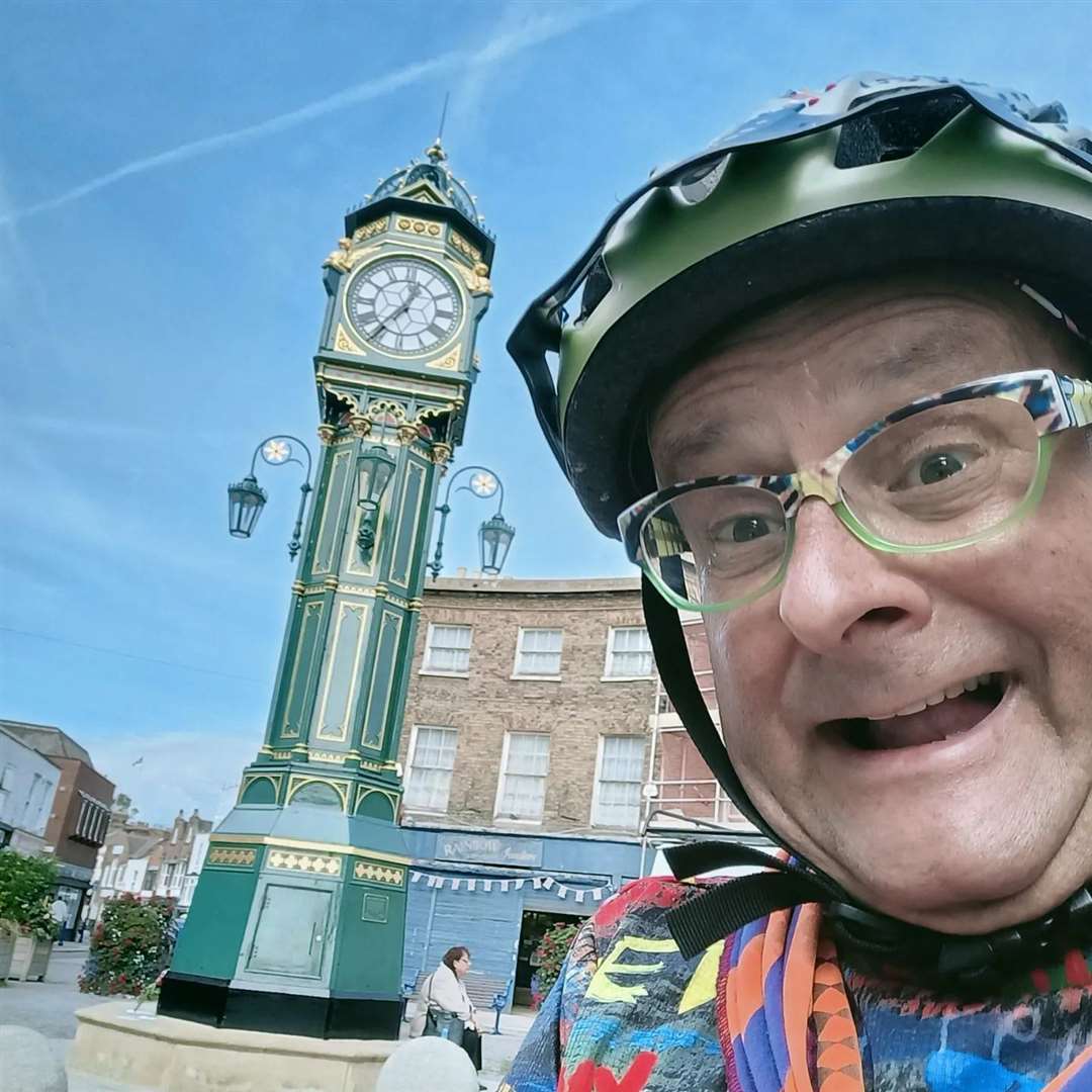 Former children's TV presenter Timmy Mallett poses for a selfie in front of Sheerness clock tower on the Isle of Sheppey. Copyright Timmy Mallett timmymallett.co.uk