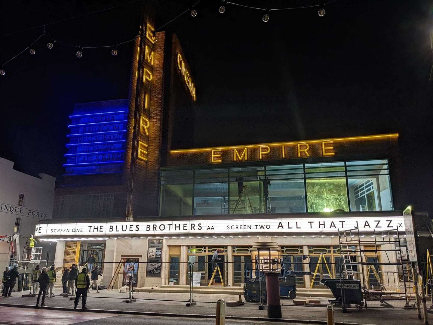 Dreamland lights up under the guise of the Empire cinema, for filming of the Empire of Light movie Pic: Roy Foord