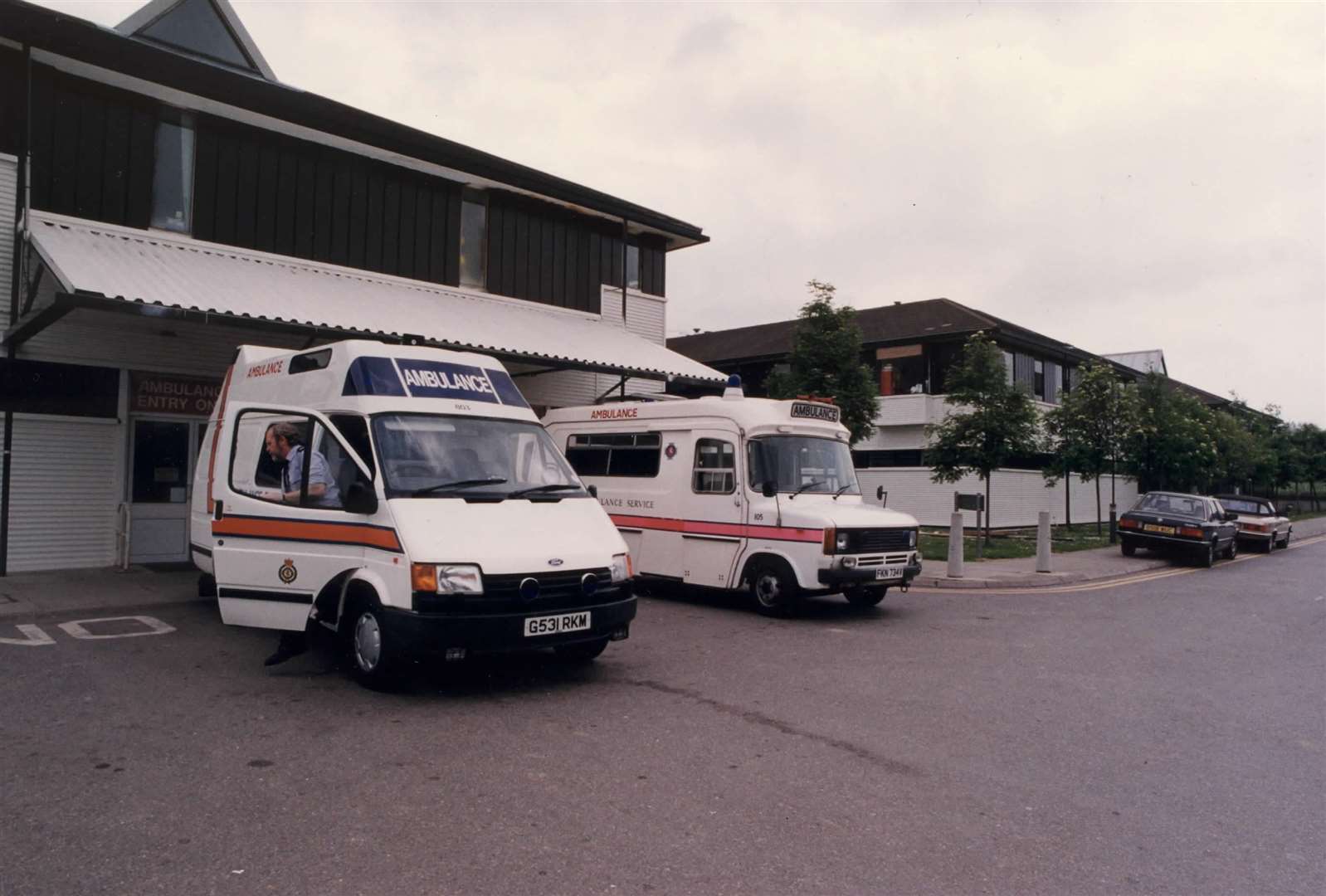 Ambulances wait outside Maidstone Hospital in 1991