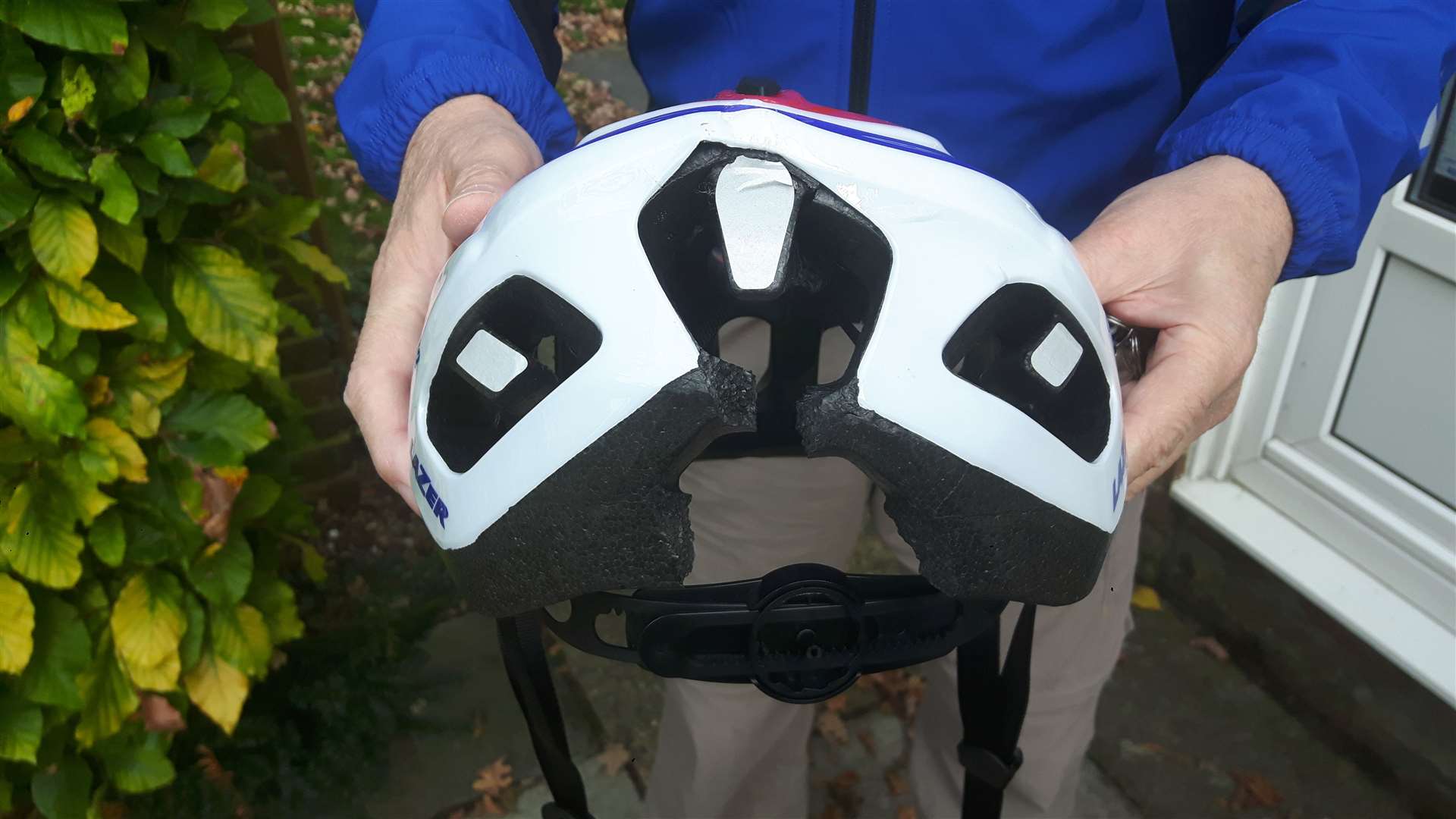 Ian Deal's helmet is split at the back