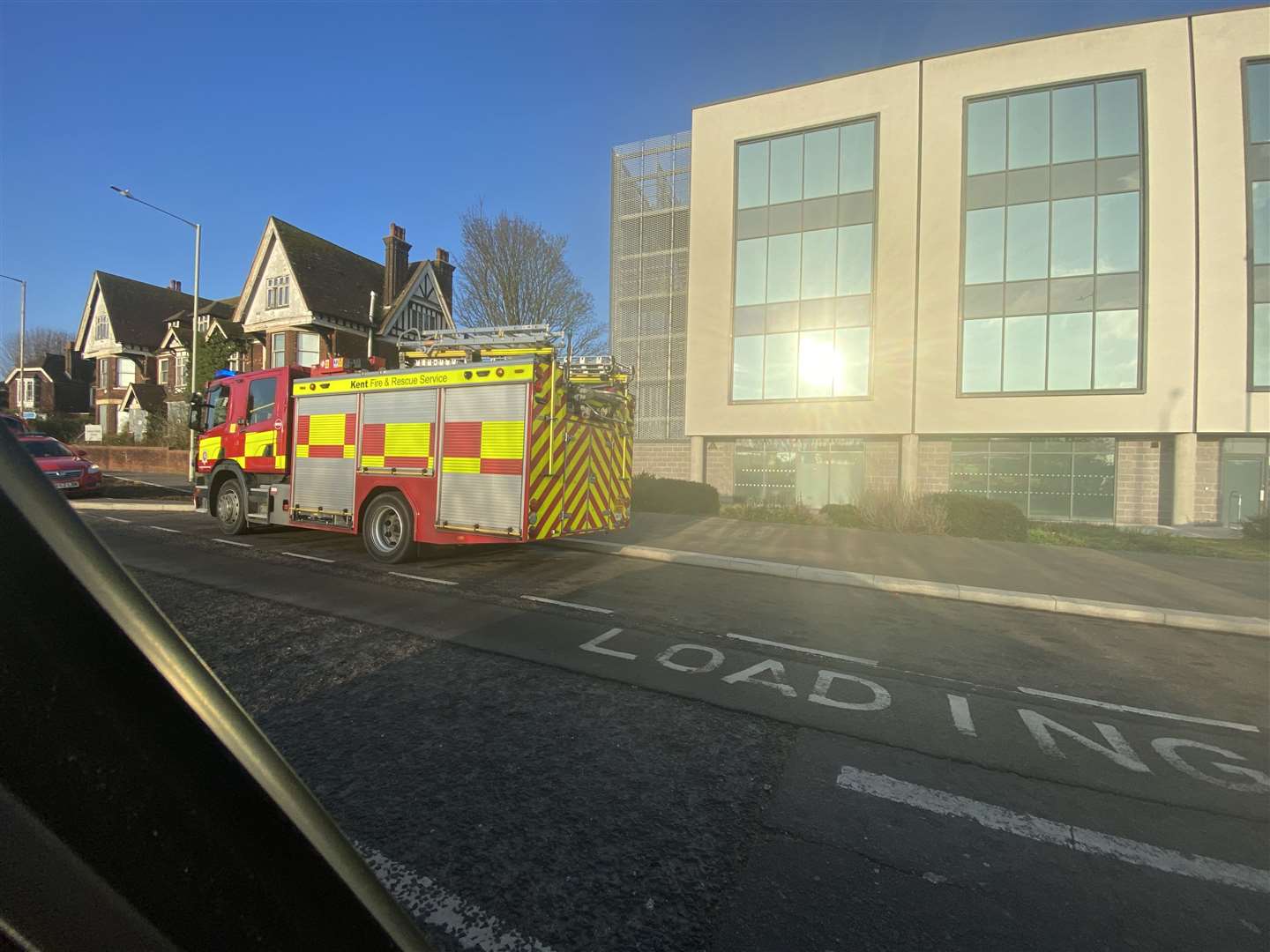 Fire crews assembled at the Ashford College amid a suspected chemical leak. Picture: Steve Salter