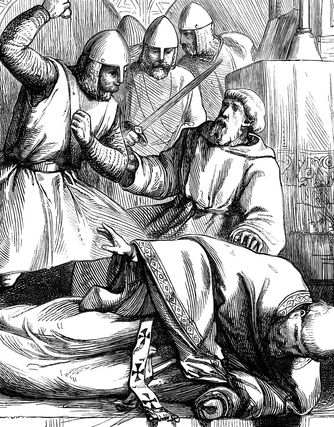 An engraved illustration image of the murder assassination of Thomas Becket at Canterbury Cathedral from a Victorian book dated 1866