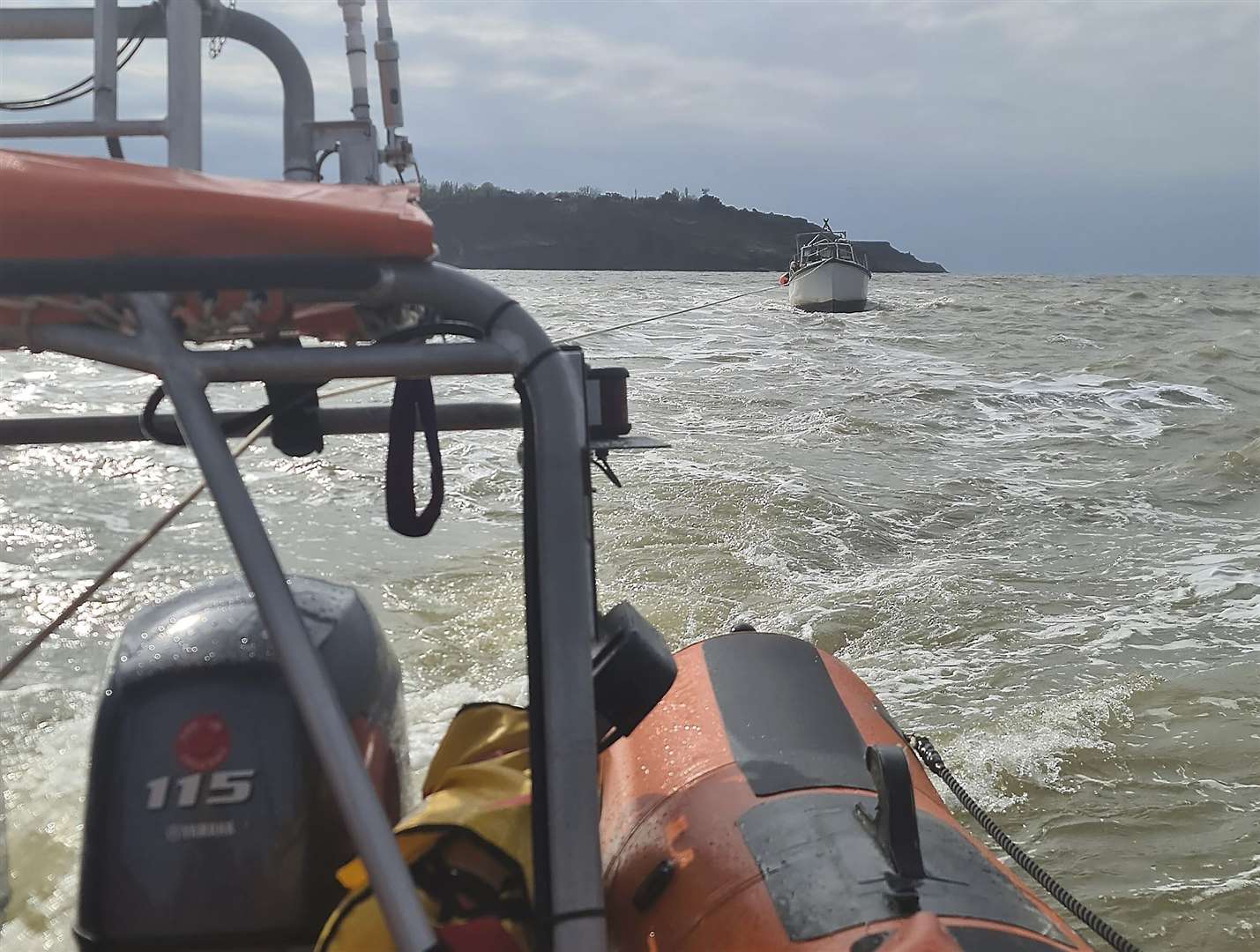 The seven-metre motor cruiser under tow by the Whitstable RNLI lifeboat on Wednesday afternoon. Picture: Ollie Myhill/RNLI Whitstable