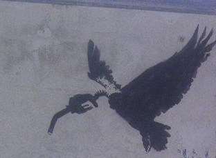 The rumoured Banksy vulture at Dungeness, which was defaced