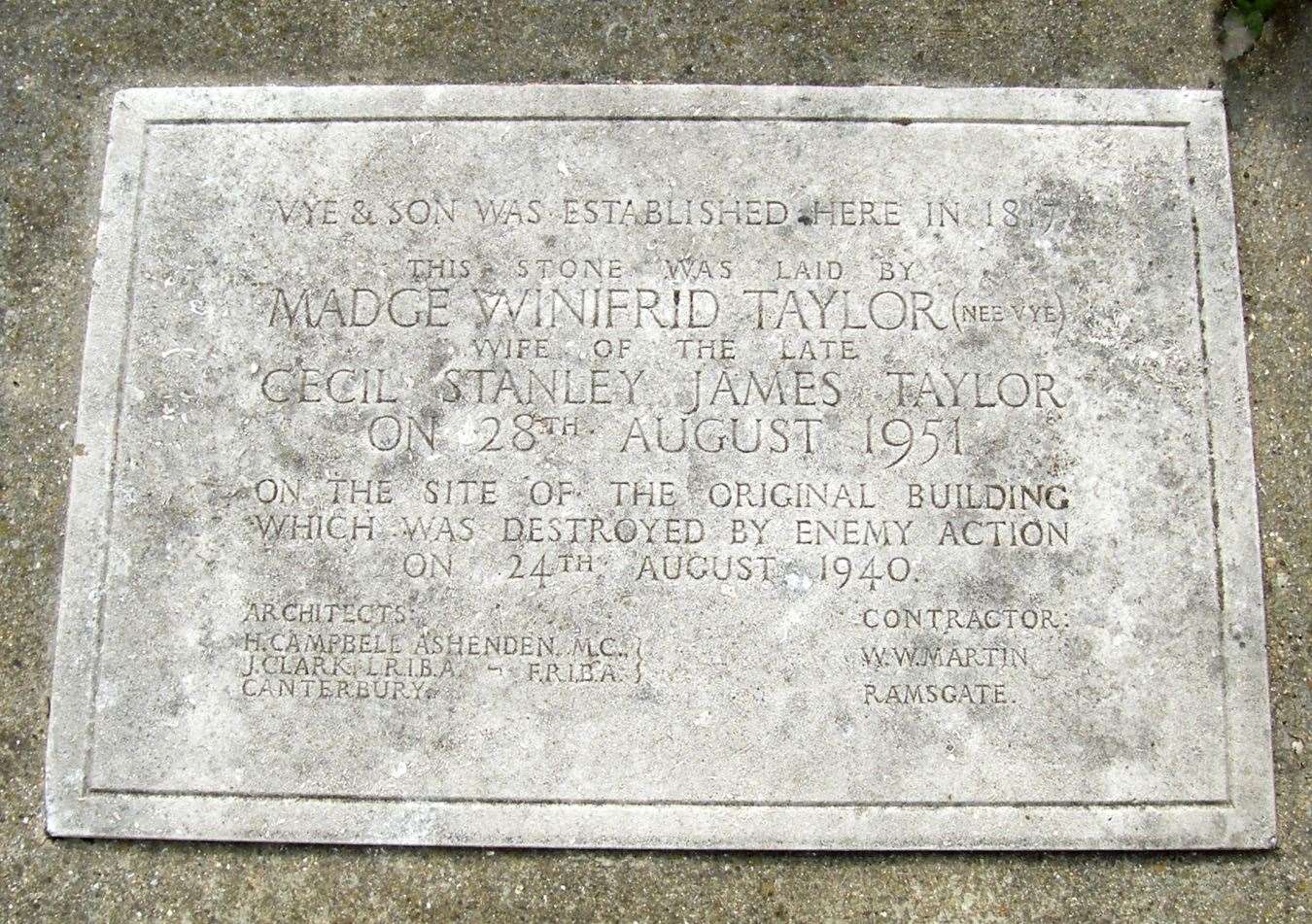 The memorial stone marking the bombing of the Vye and Son headquarters was laid by Madge Vye