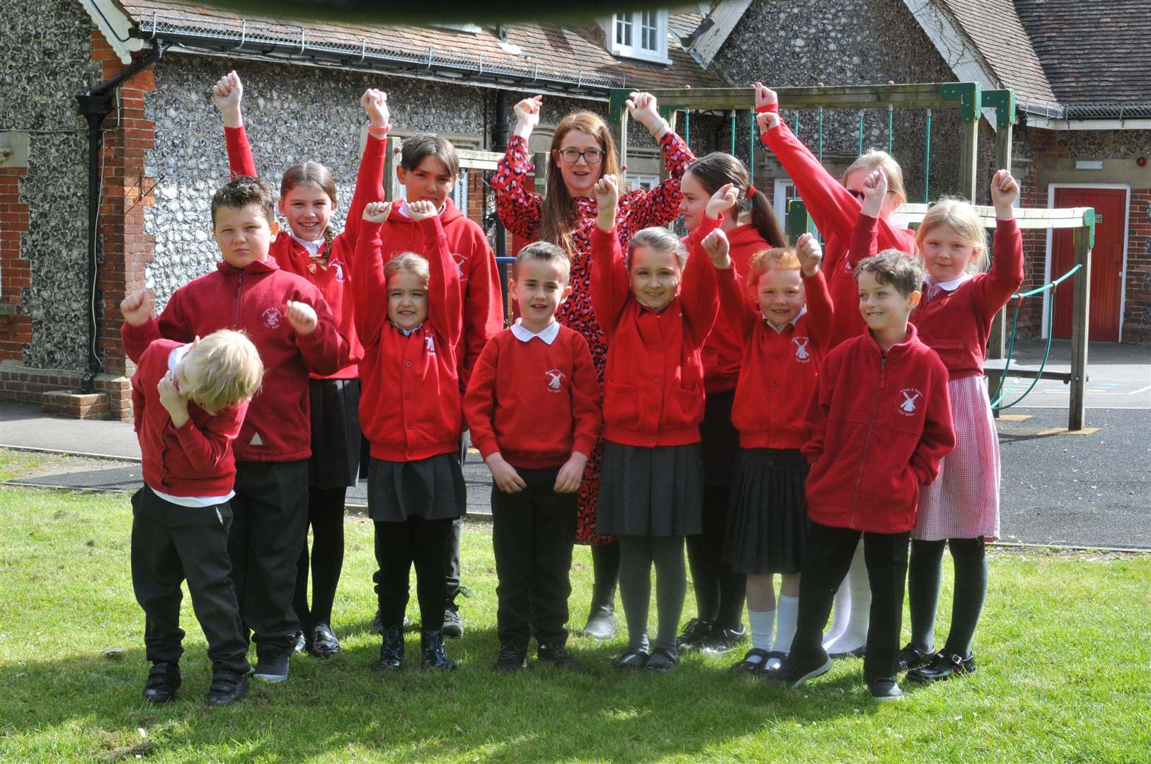 Milstead and Frinsted Primary's new head of school, Hannah Smith, with pupils. Picture: Milstead and Frinsted Primary