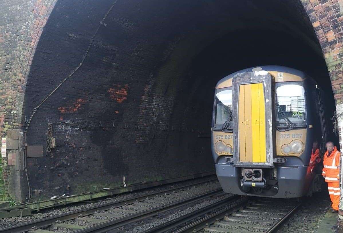 The train is stuck in the Saltwood Tunnel near Folkestone, with rail staff and police at the scene. Picture: BTP Kent