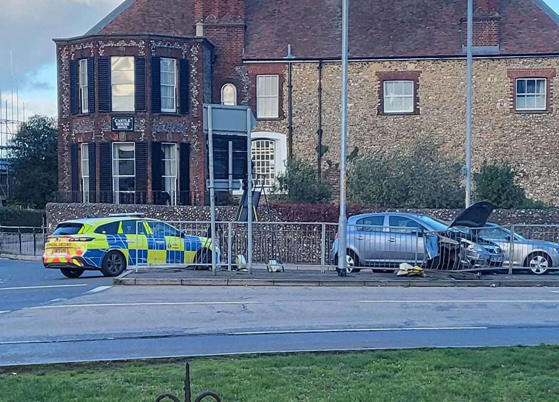 A car has come off a roundabout in Wincheap, Canterbury, and hit the metal fencing