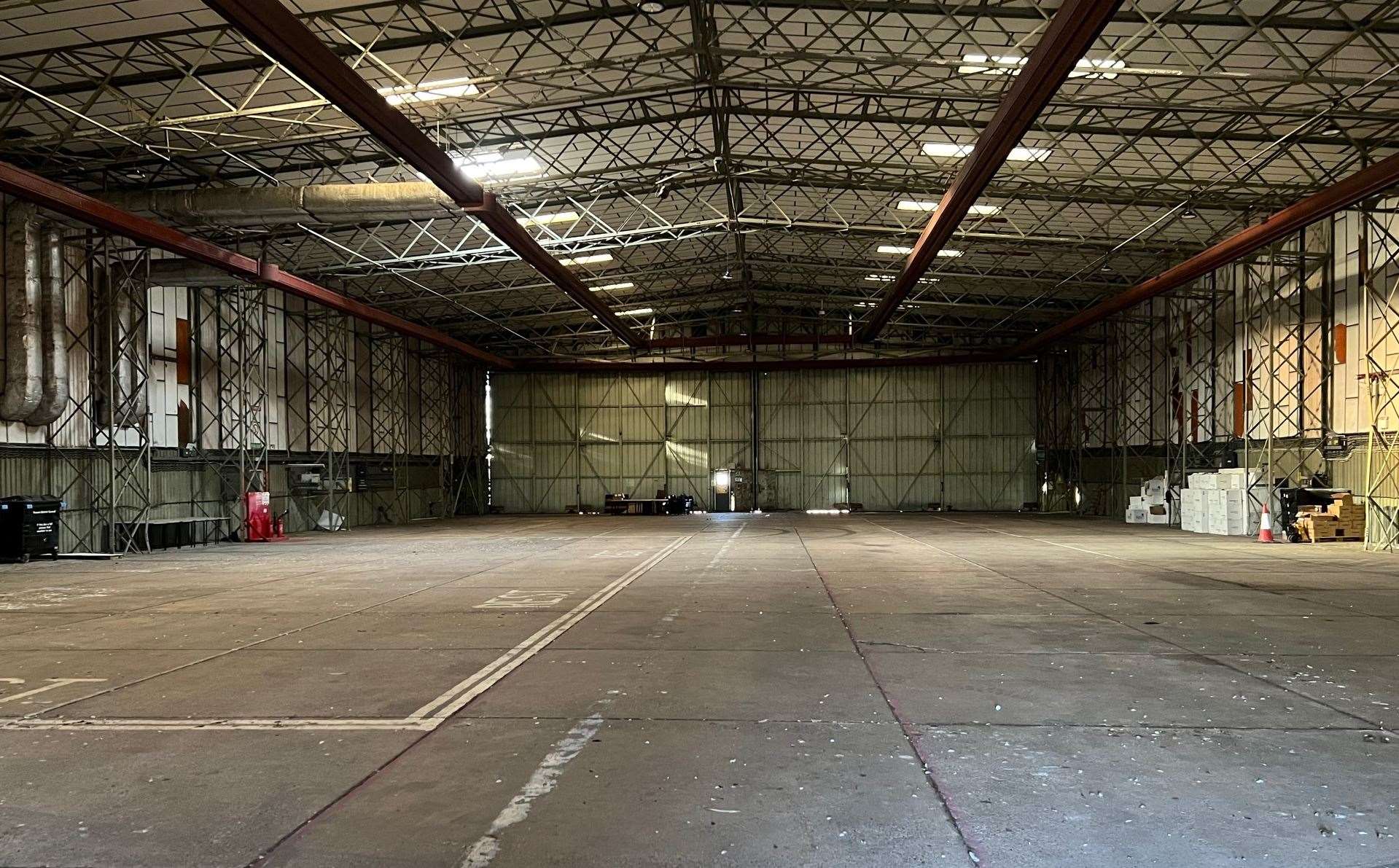 One of the vast empty hangars on the site