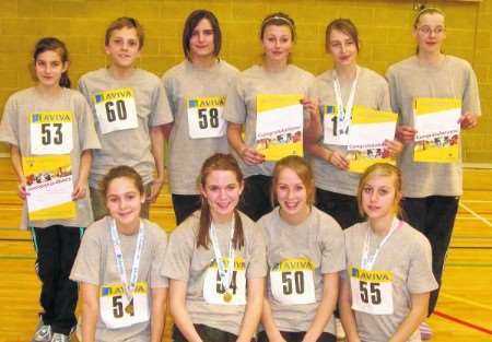 The successful Ashford athletes from the Kent sportshall champonships. From left, back: Katherine Buckley, Harry Middleton, Kirsten Hooton, Samantha Lynch, Lucy Holmes, Laura Hanagan; front: Lauren Bamford, Abigail Purkiss, Sophie Hamlyn, Lizzie Highwood.