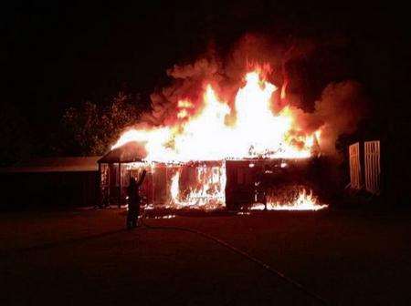 The pavilion at Westgate Cricket Club goes up in flames after an arson attack. Picture: Paul Hill