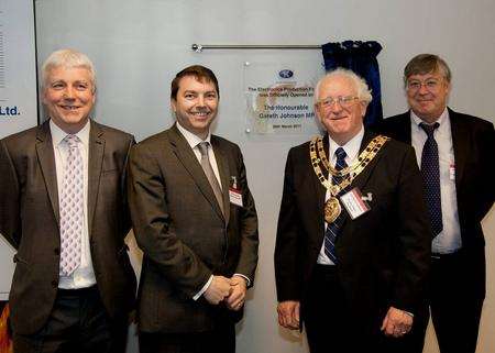Kentec unveils new manufacturing facility. From left: managing director Ray King, Dartford MP Gareth Johnson, the Mayor of Dartford, and technical director Robert Jefferys
