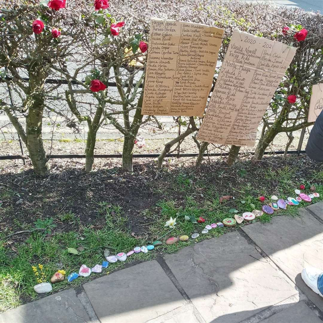 Stones and a list of names of 118 women and girls killed by men in the past year left at a vigil to Sarah Everard in Canterbury. Picture: Dr Sarah Lonsdale.