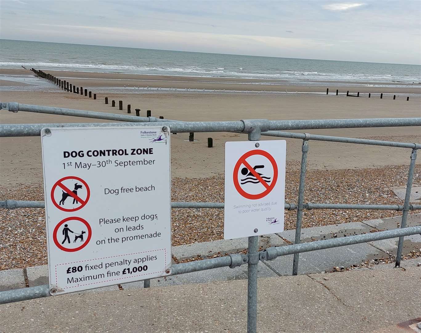 New signs advising against swimming have been installed at St Mary's Bay on Romney Marsh