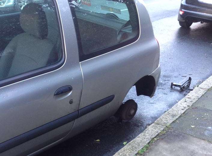 The rear wheel of a Renault Clio has been stolen in Castle Avenue