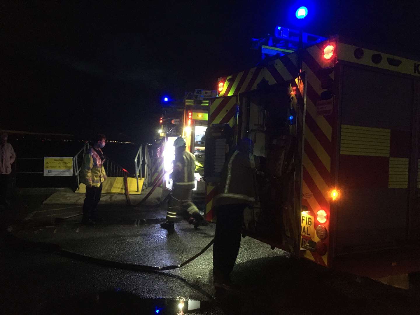 Firefighters used a mobile pump to tackle the blazing boat at Queenborough
