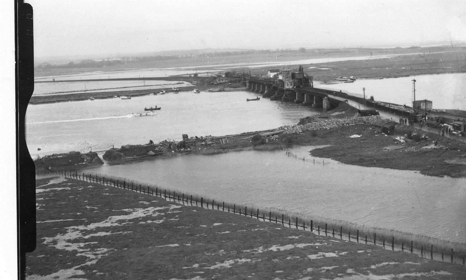 An aerial View of Kingsferry Bridge shortly after the flooding