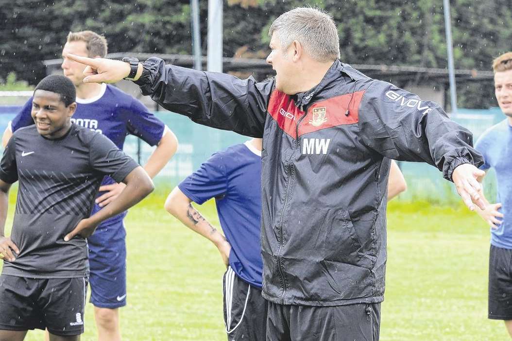 Sittingbourne joint-manager Matt Wyatt puts the players through their paces at pre-season training Picture: Chris Davey