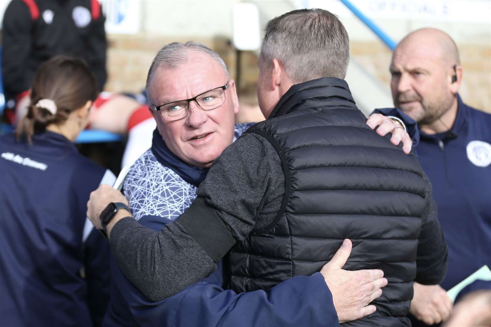 Steve Evans returns to Priestfield with Stevenage, sharing a pre-match embrace with Neil Harris Picture: KPI