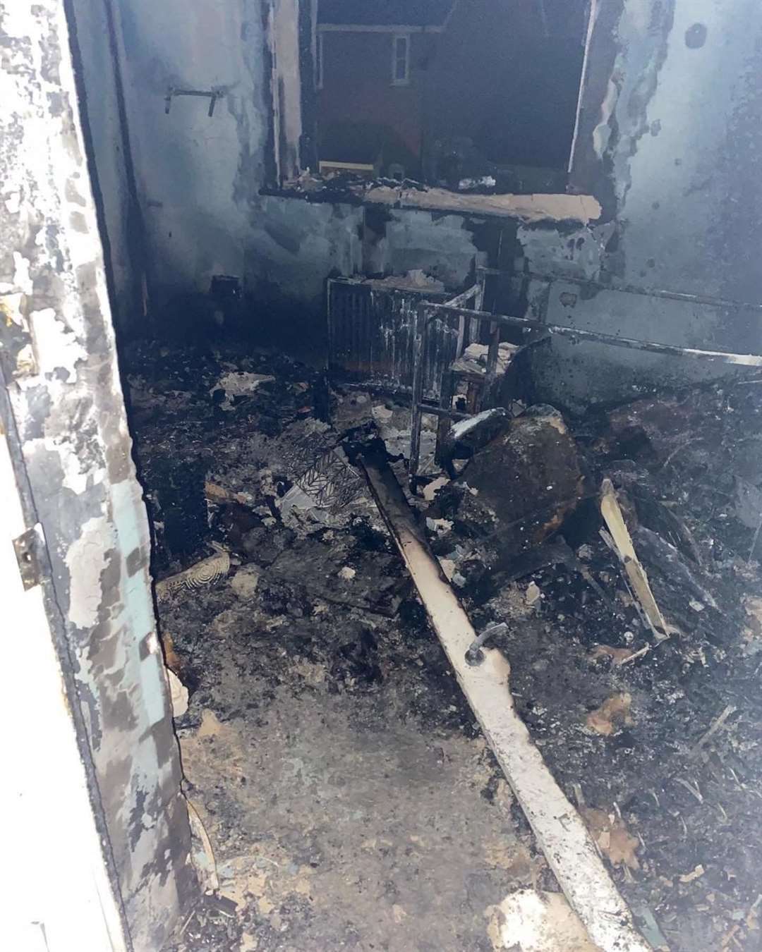 Bedroom where fire started arered to nothing.  Picture: Kent Fire and Rescue.