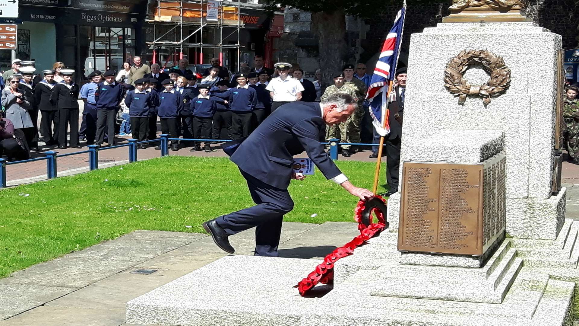 A wreath laying ceremony at Dover War Memorial