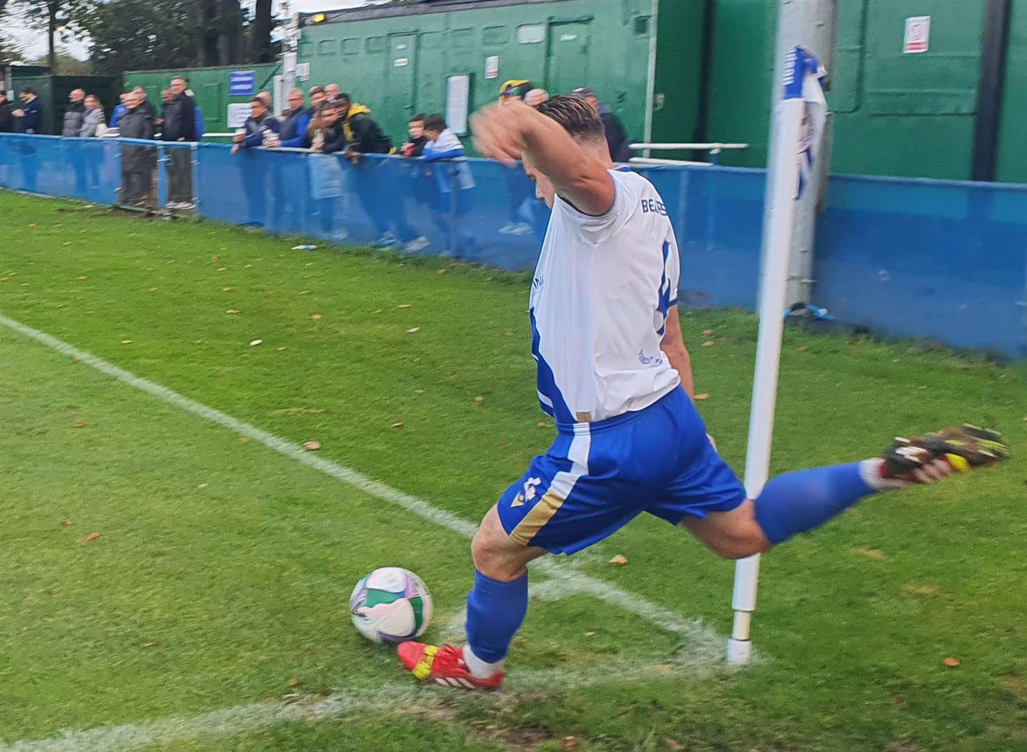 Bearsted midfielder Adam Turton, who claimed the assist for the game’s only goal, whips in a corner in Saturday’s 1-0 Southern Counties East Premier Division home win against Corinthian