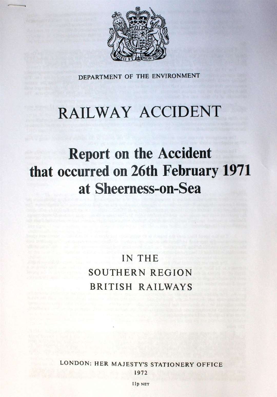 Front page of the accident report into the Sheerness train crash of 1971
